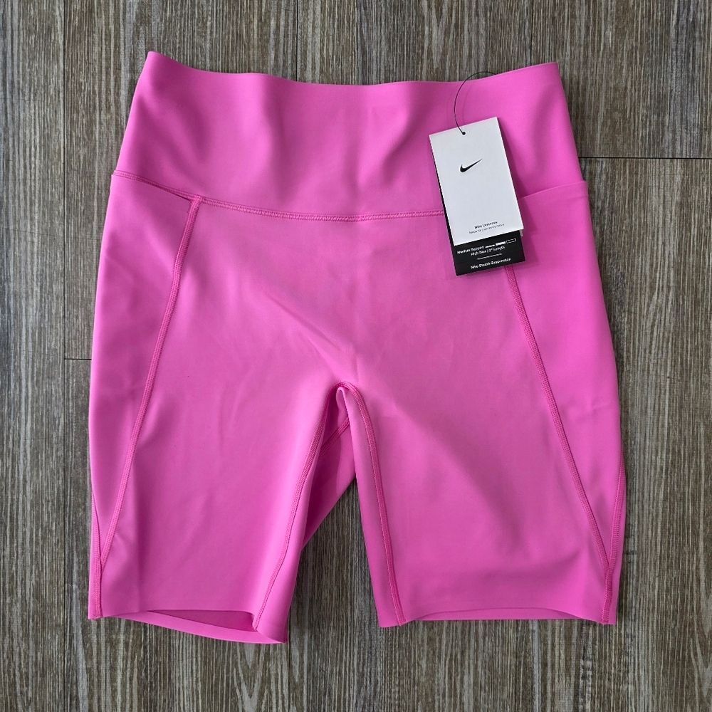 Nike Universa Women's High-Waisted 8" Biker Gym Shorts Seamless Front Pink M New - Picture 3 of 15